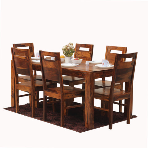 Rosa Solid Sheesham Wood Six Seat Dining Table Set in Natural Finish - Rajasthali Furniture 