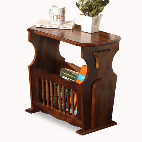 Solid Wood Gule Floor Mounted Magazine Stand cum Side Table in Natural Finish - Rajasthali Furniture 