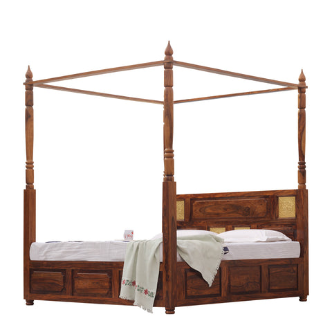 Solid Sheesham Wood King Size Four Poster Bed with Box Storage in Natural Finish - Rajasthali Furniture 