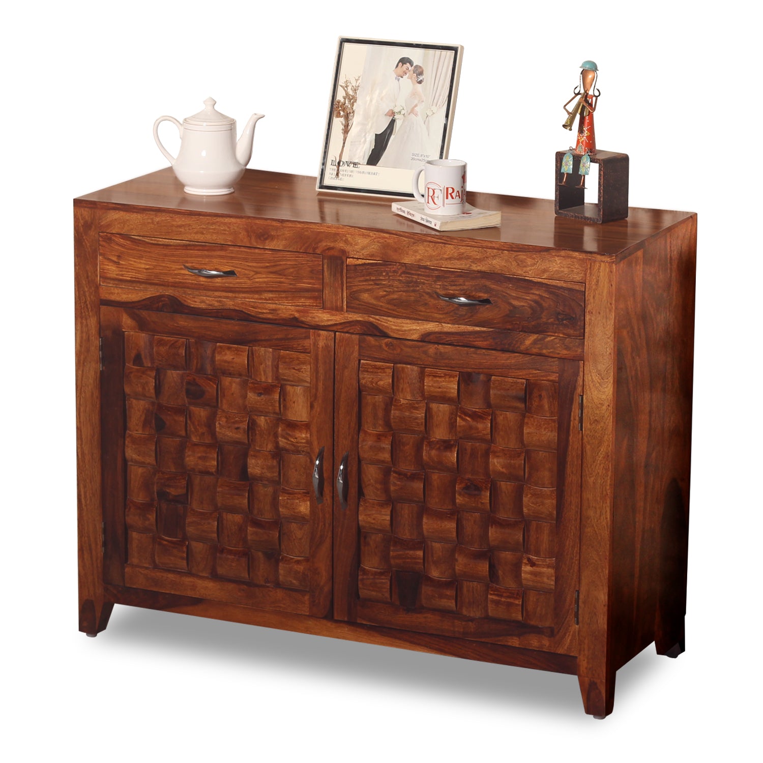 Soldi Wood Two Door and Two Drawer Niwar Sideboard in Natural Finish - Rajasthali Furniture 