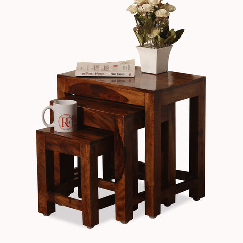 Zory Solid Wood Plain Top Nest Of Table Set Of Three in Honey Oak Finish - Rajasthali Furniture 