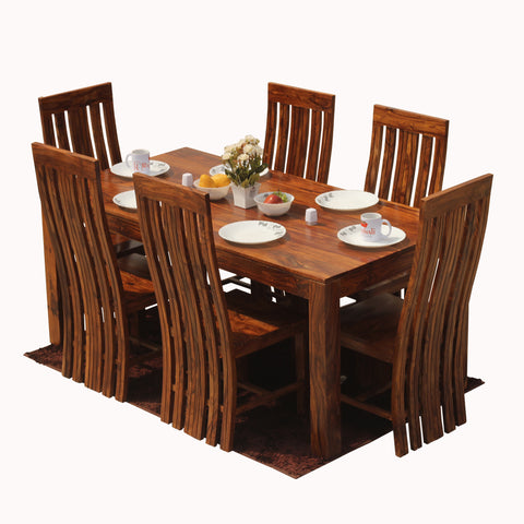 Poppy Solid Sheesham Wood Six Seat Dining Table Set in Natural Finish - Rajasthali Furniture 