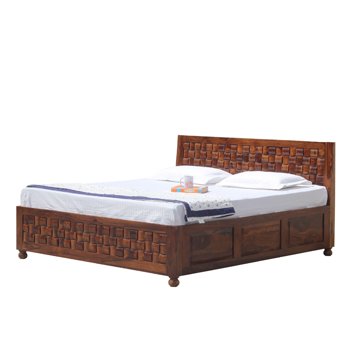 Solid Wood Niwar King Size Double Bed with Legs and Box Storage in Natural Finish - Rajasthali Furniture 