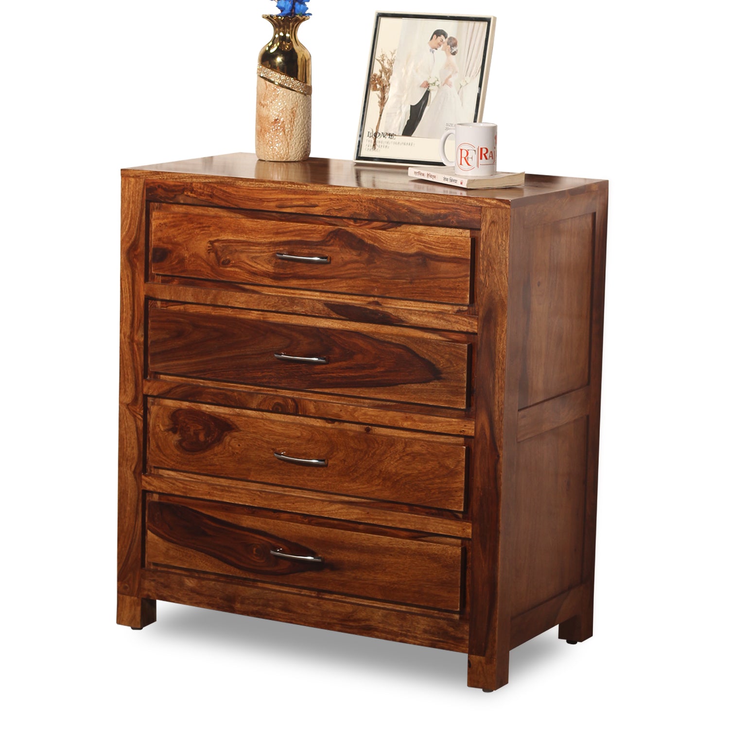 Hillary Solid Sheesham Wood Four Drawer Chest of Drawer in Natural Finish - Rajasthali Furniture 