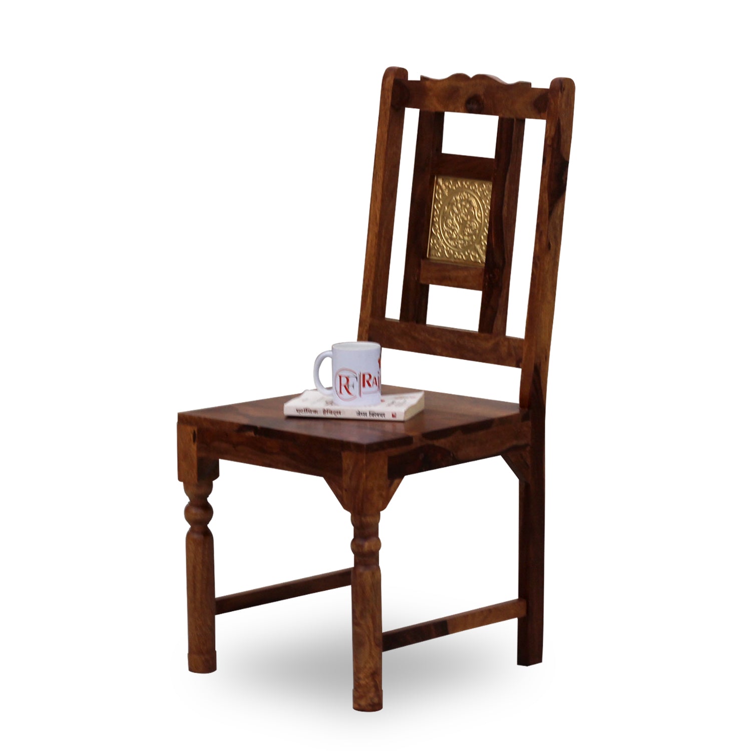 Peony Solid Sheesham Wood with Brass back Dining cum Study Chair in Natural Finish - Rajasthali Furniture 