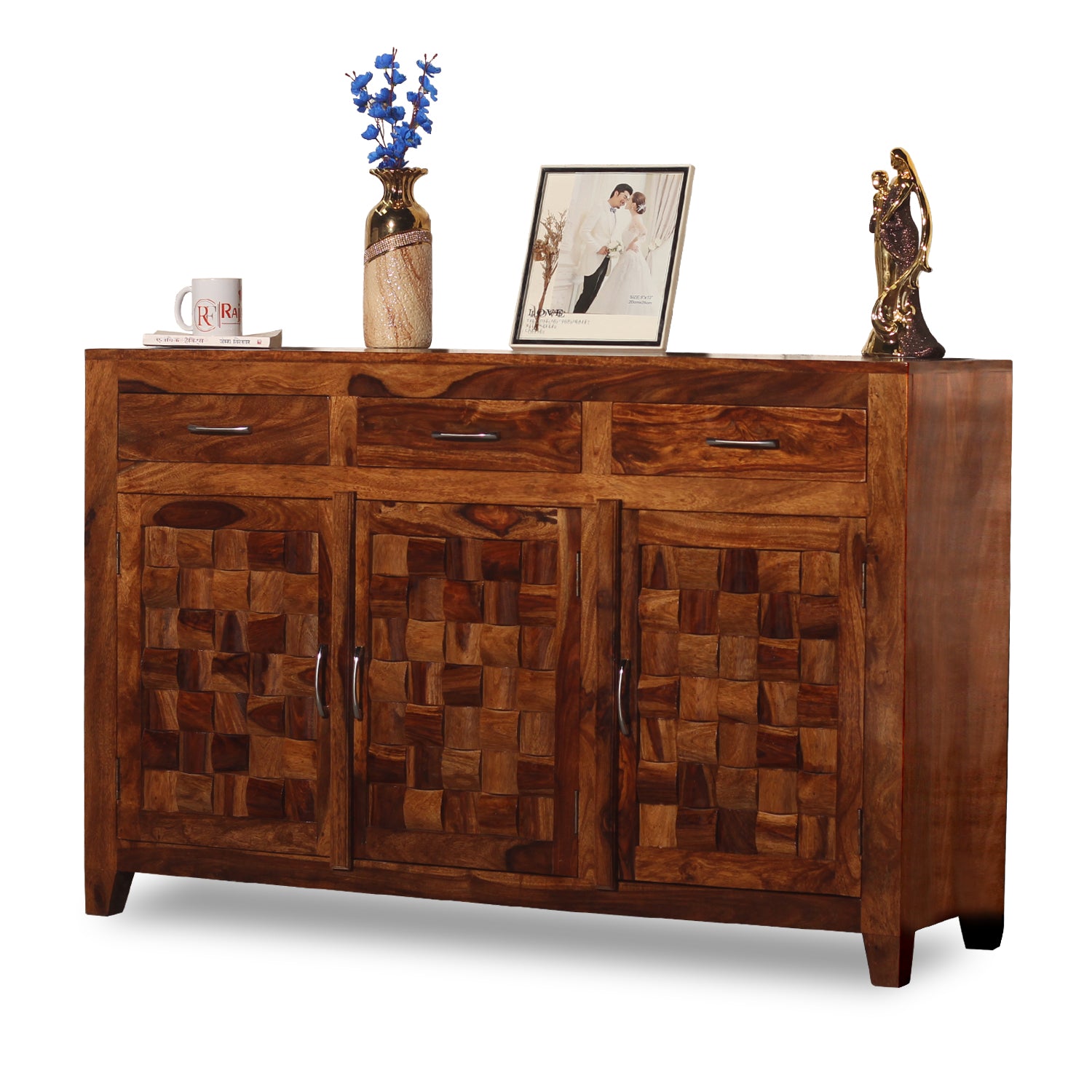 Solid Wood Three Door and Three Drawer Niwar Sideboard in natural Finish - Rajasthali Furniture 