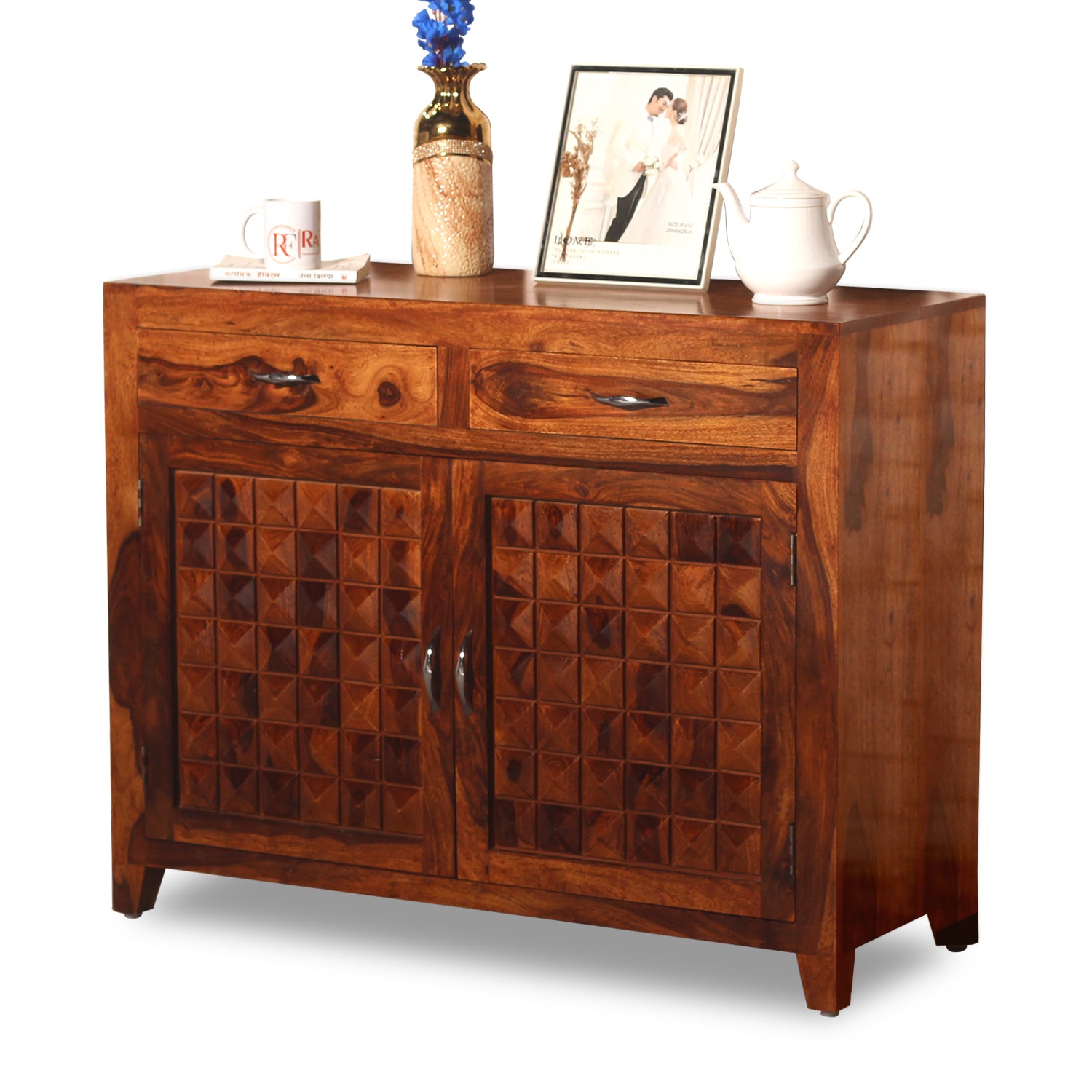 Diamond Solid Wood Two Door And Two Drawer Sideboard in Natural Finish - Rajasthali Furniture 