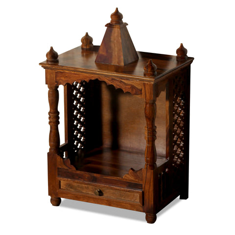 Puri Solid Wood Open Front and One Drawer Mandir in Honey Oak Finish - Rajasthali Furniture 