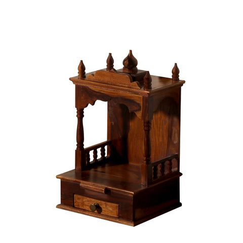 Sunak Solid Wood One Shelf and One Drawer Open Wall Mount Mandir in honey oak Finish - Rajasthali Furniture 