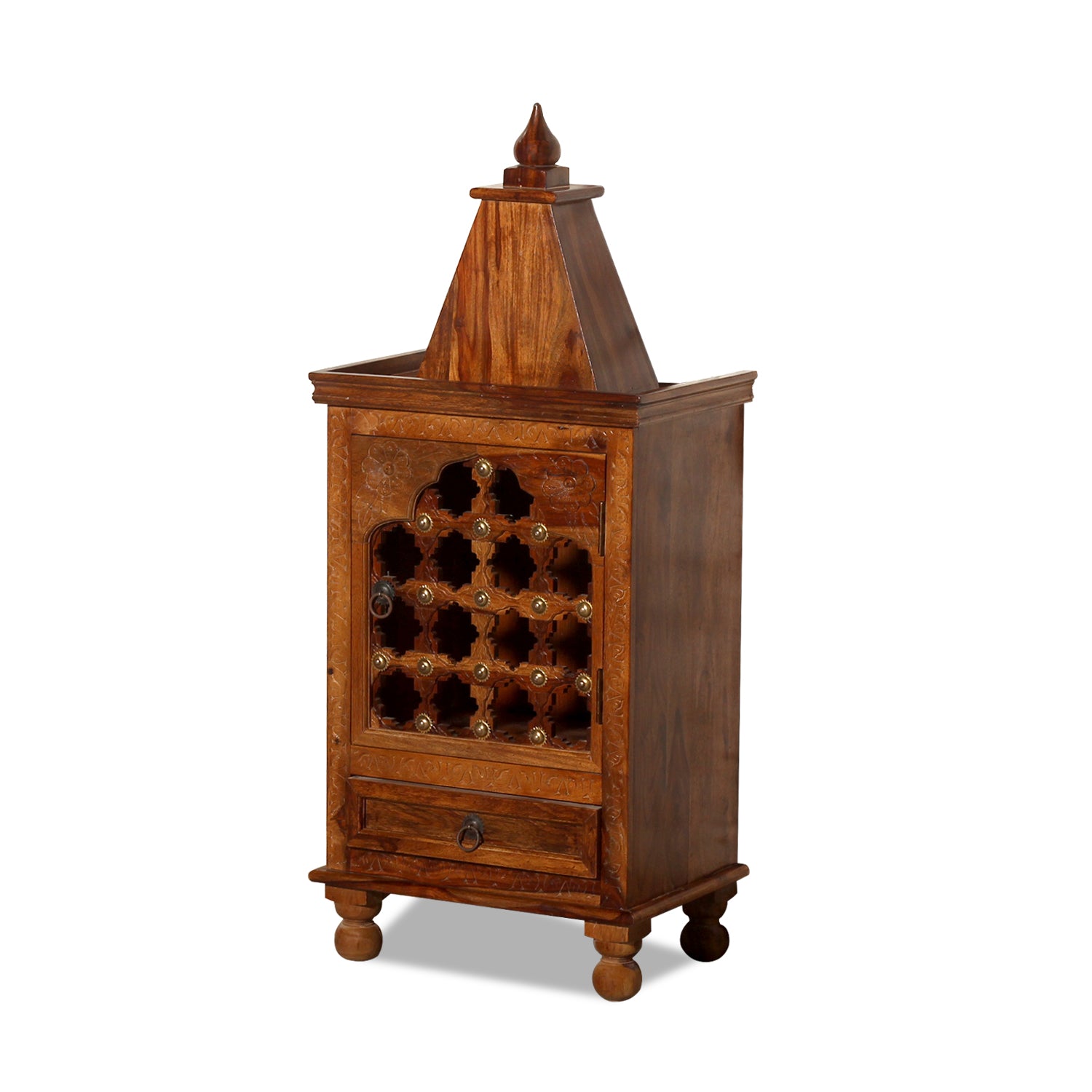 Dham Solid Wood Single Door and One Drawer Mandir in Honey Oak Finish - Rajasthali Furniture 