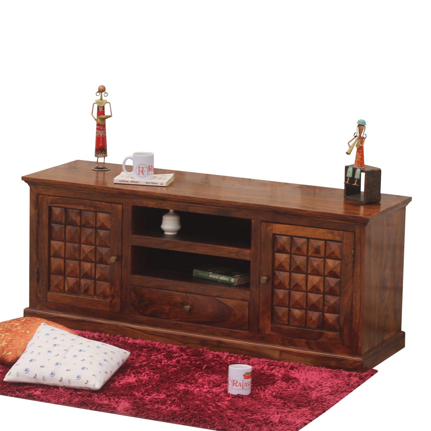 Astor Two Door with one center drawer wooden LCD cabinet in honey oak finish - Rajasthali Furniture 