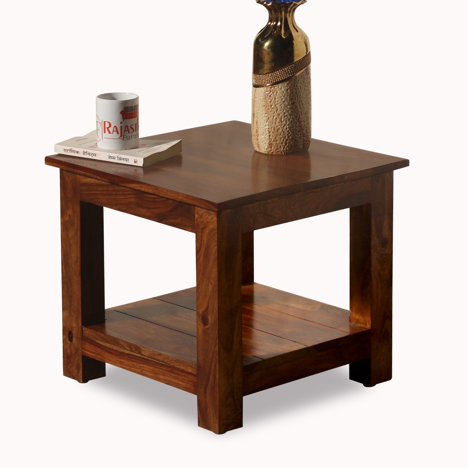 Solid Wood Floor Mounted Plain Top with wooden base Side Table in Natural Finish - Rajasthali Furniture 