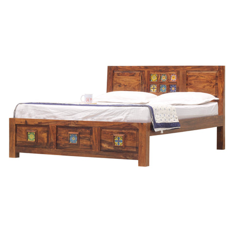 Hinton Solid Wood Double Bed Without Storage in Honey Oak Finish - Rajasthali Furniture 