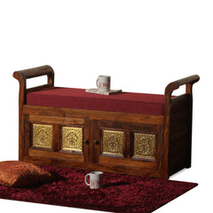 Bluet Upholstery Solid Wood Arm Bench with Storage in Honey Oak Finish - Rajasthali Furniture 