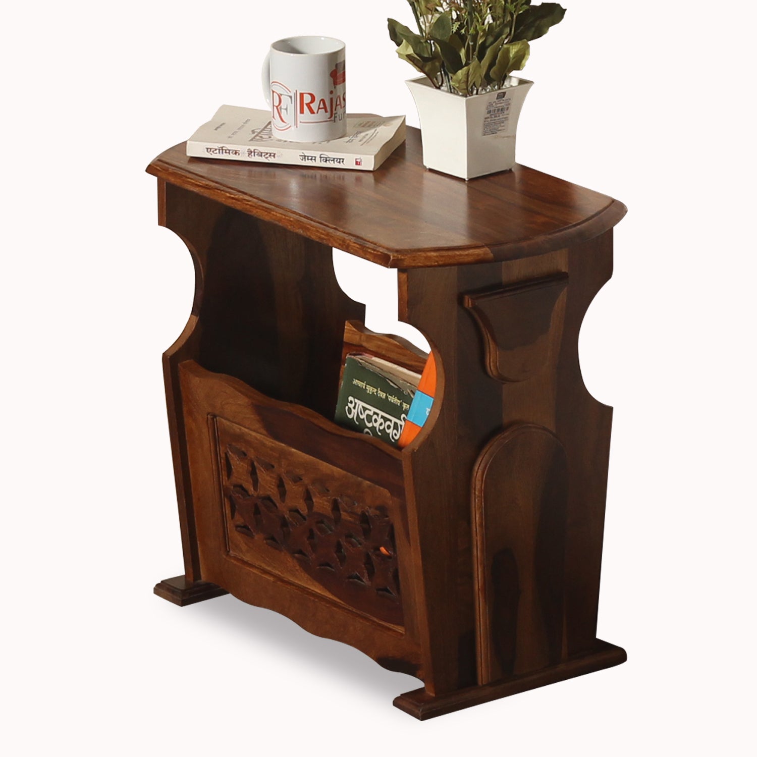 Solid Wood Star Design Magazine Stand cum Side Table in natural Finish - Rajasthali Furniture 