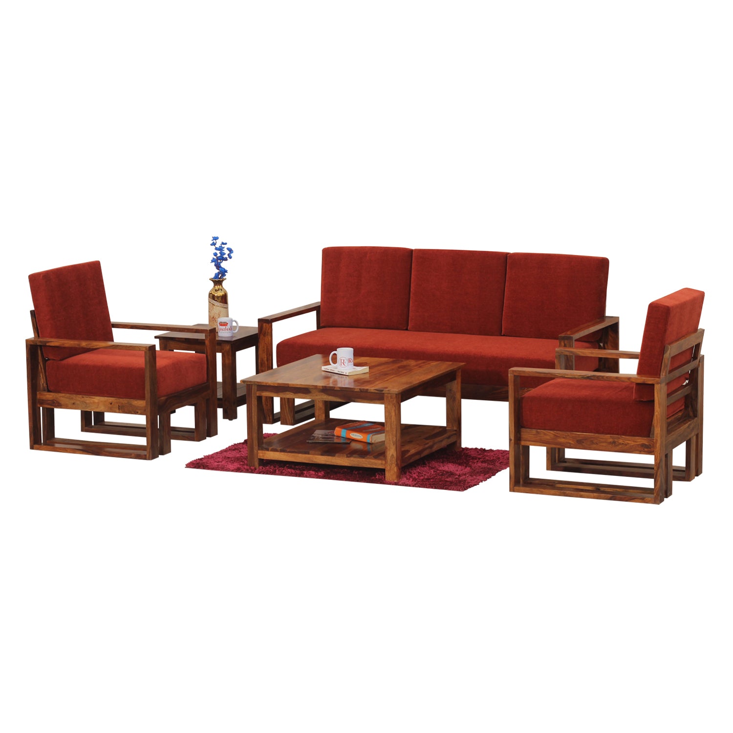 Cucus Double Leg Solid Wood Five Seat Sofa Set (3+1+1) In Honey Oak Finished - Rajasthali Furniture 