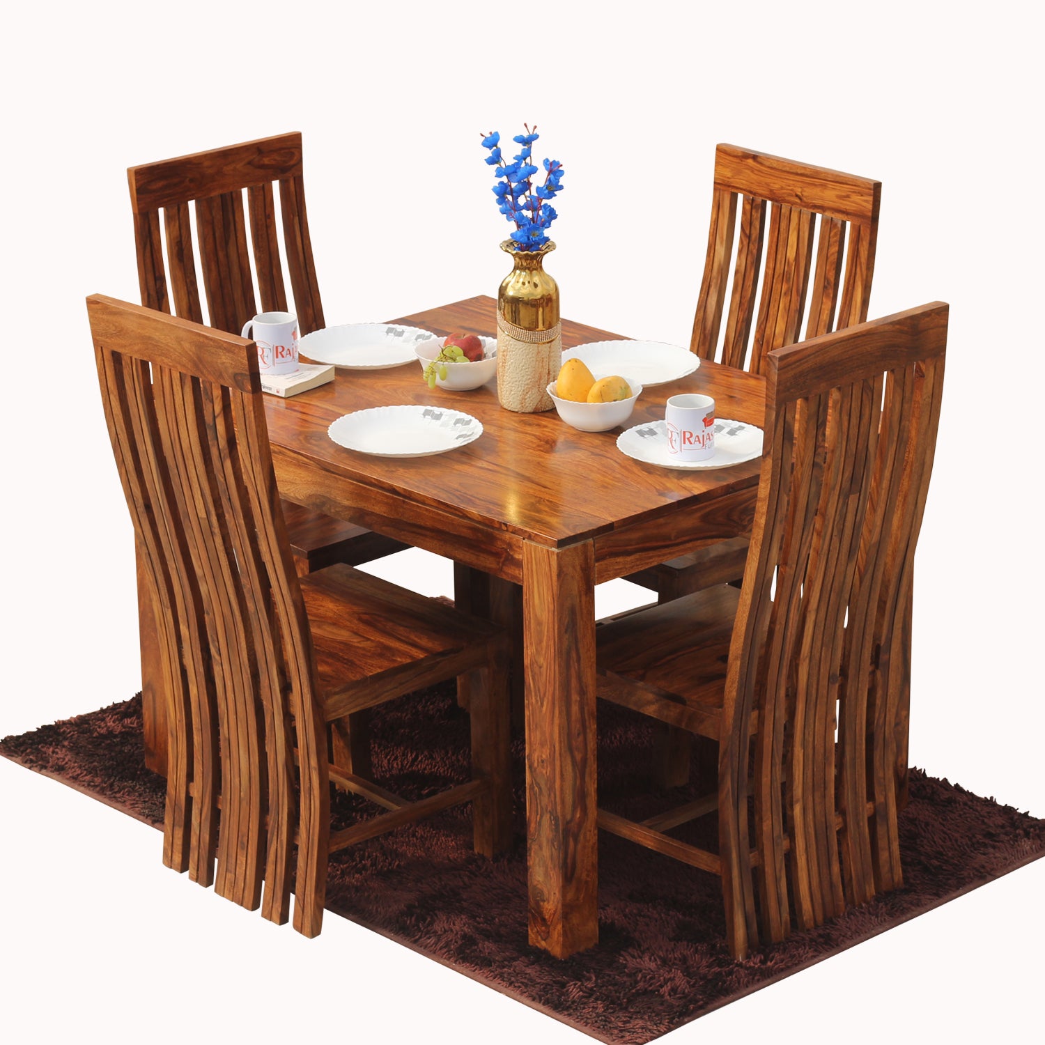 Poppy Solid Sheesham Wood Four Seat Dining table Set in Natural Finish - Rajasthali Furniture 