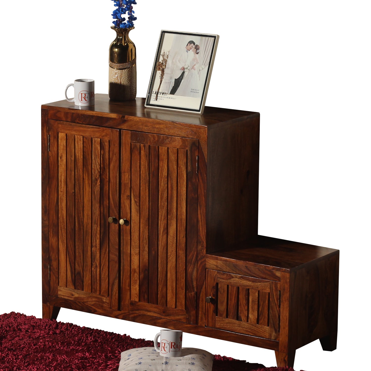 Frill Solid Wood Shoe Rack with Sitting Space in Honey Oak finish - Rajasthali Furniture 