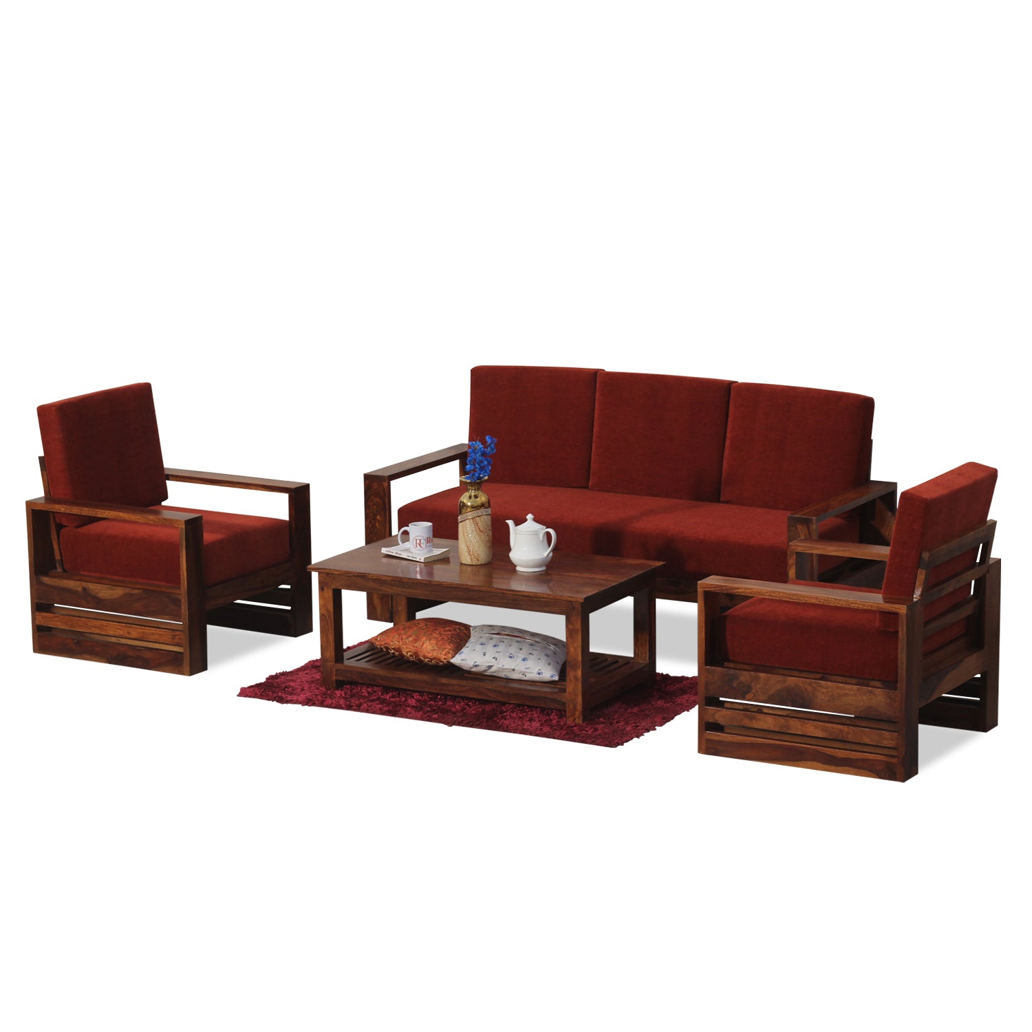 Seam Solid Wood Five Seat Sofa Set (3+1+1) In Honey Oak Finished - Rajasthali Furniture 