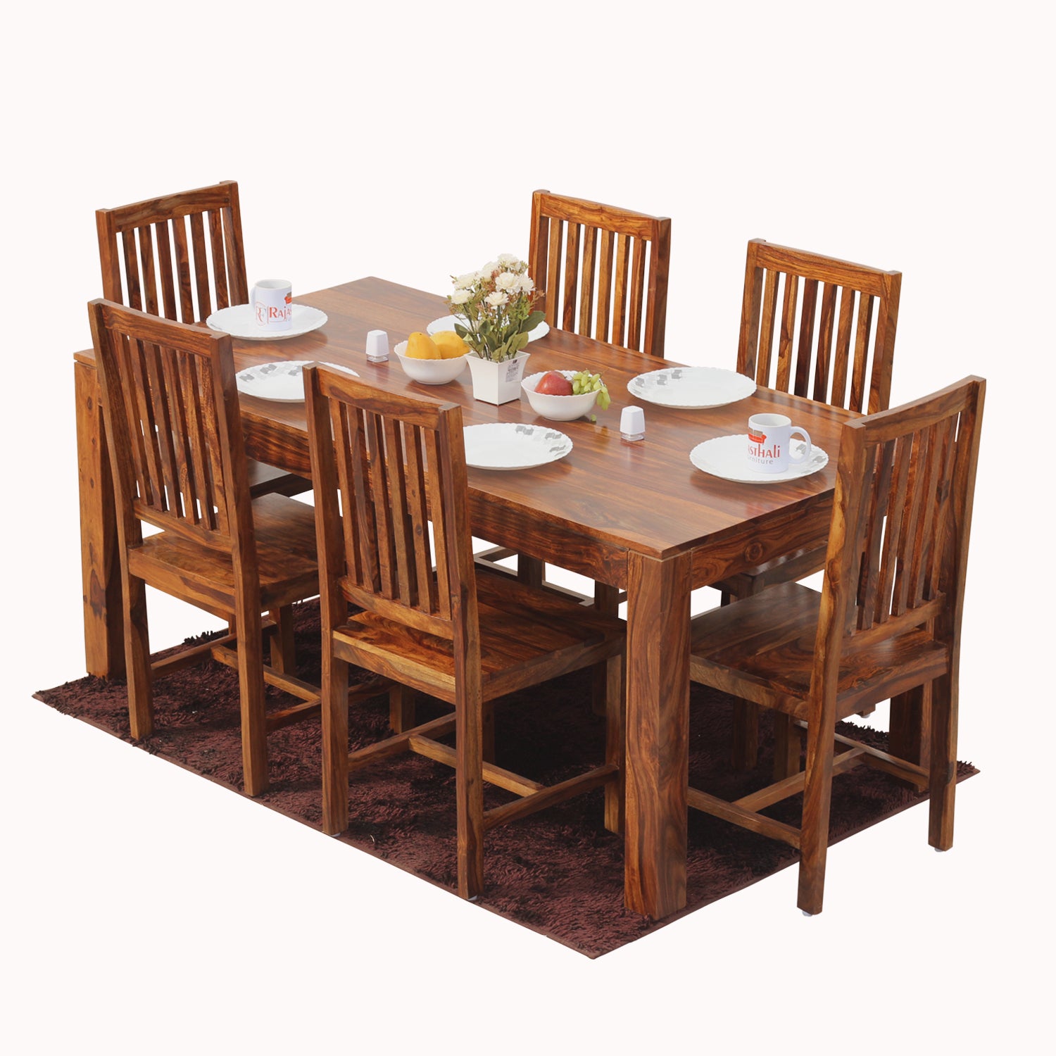 Samoa Solid Sheesham Wood Six Seat Dining Table set in Natural Finish - Rajasthali Furniture 