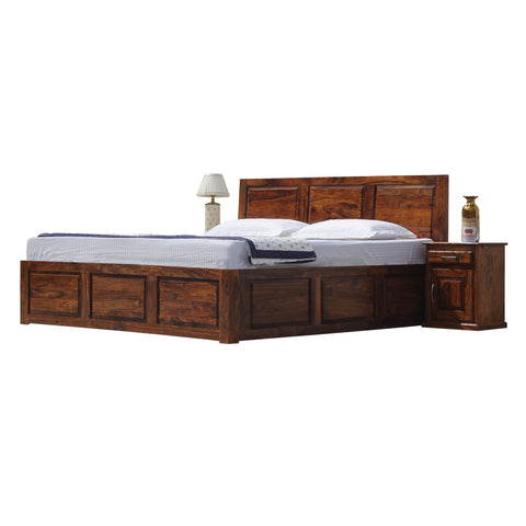 Fasica Solid Wood Double Bed with Two Bed Side with Box Storage in Honey Oak Finish