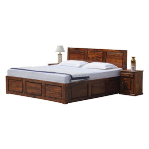 Fasica Solid Wood Double Bed with Two Bed Side with Box Storage in Honey Oak Finish - Rajasthali Furniture 
