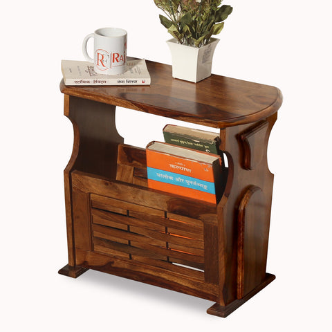 Solid Wood Niwar Magzine Stand cum Side Table in Natural Finish - Rajasthali Furniture 