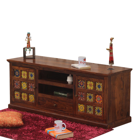 Lazio Two Door with One Center Drawer Wooden LCD Cabinet in Honey oak Finish - Rajasthali Furniture 