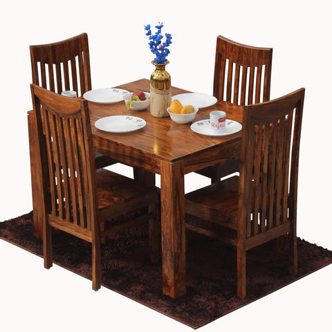 Flora Solid Sheesham Wood Four Seat Dining Table Set in Natural Finish - Rajasthali Furniture 