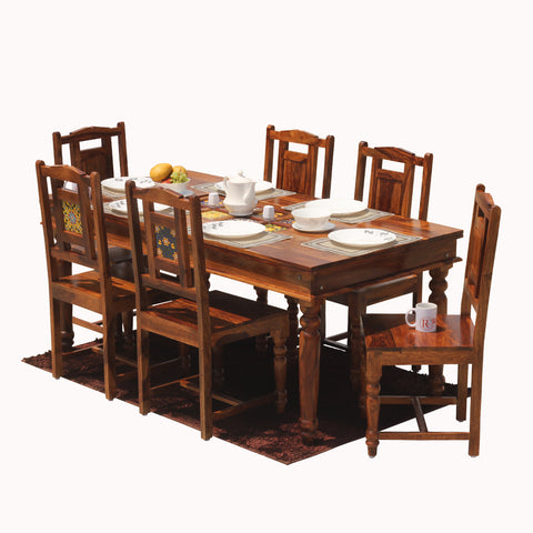 Solid Sheesham Wood Six Seat Ceramic Tile Dining Table Set in Natural Finish - Rajasthali Furniture 