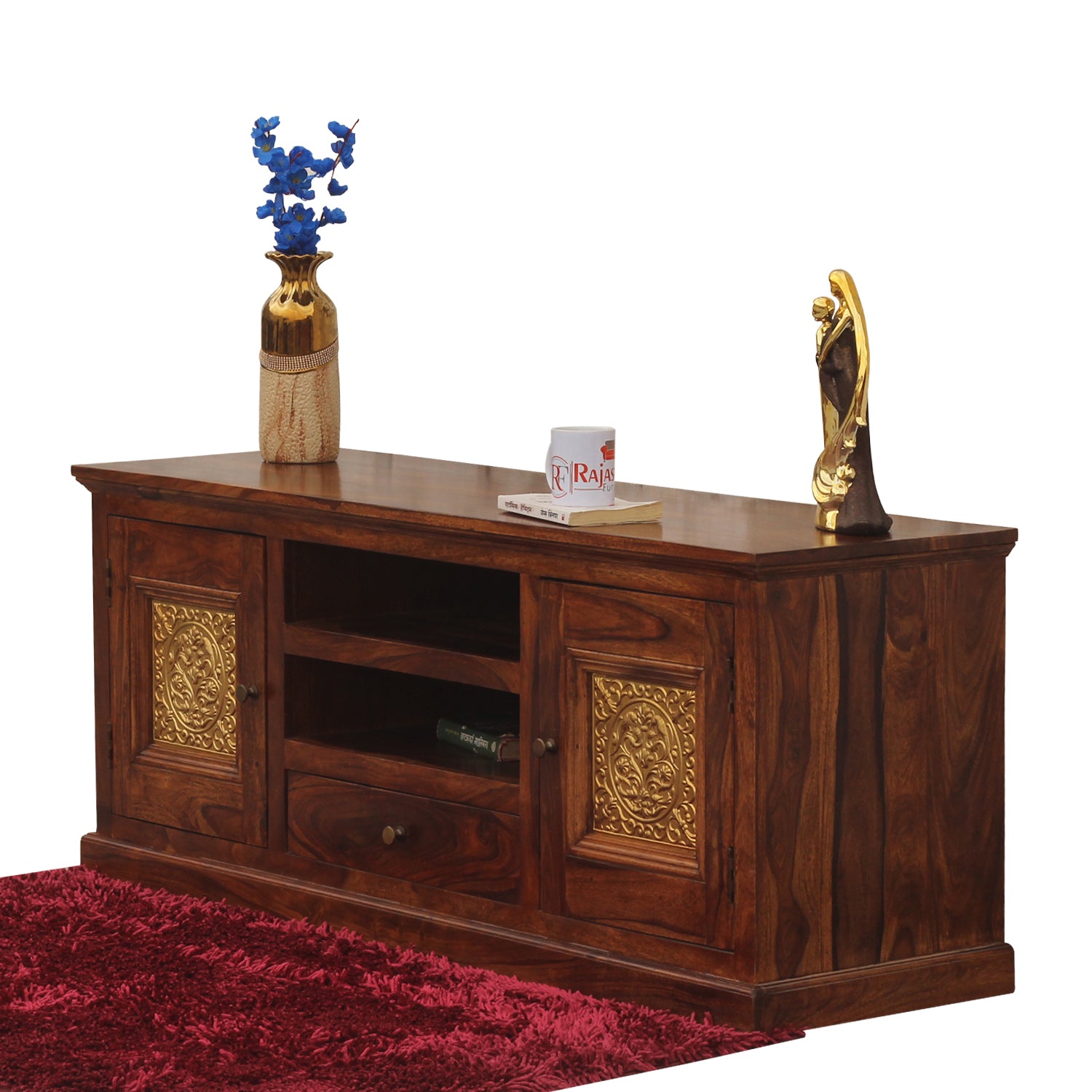 Mabel Two Door with one center drawer wooden LCD cabinet in honey oak finish - Rajasthali Furniture 