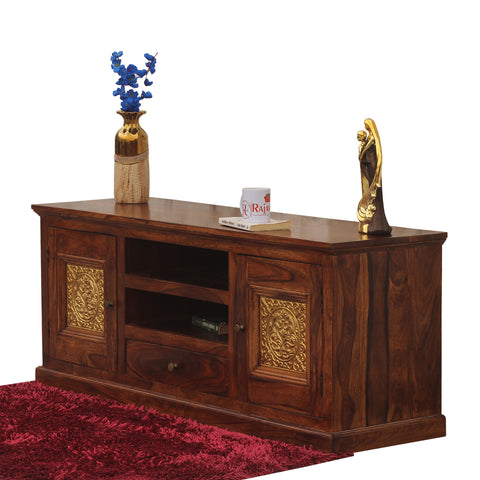 Mabel Two Door with one center drawer wooden LCD cabinet in honey oak finish - Rajasthali Furniture 