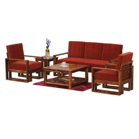 Cucus Double Leg Solid Wood Five Seat Sofa Set (3+1+1) In Honey Oak Finished - Rajasthali Furniture 