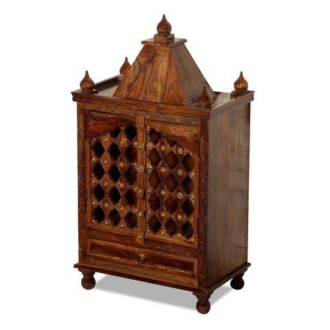 Jamini Solid Wood Double Door and One Drawer Mandir in Honey Oak Finish - Rajasthali Furniture 