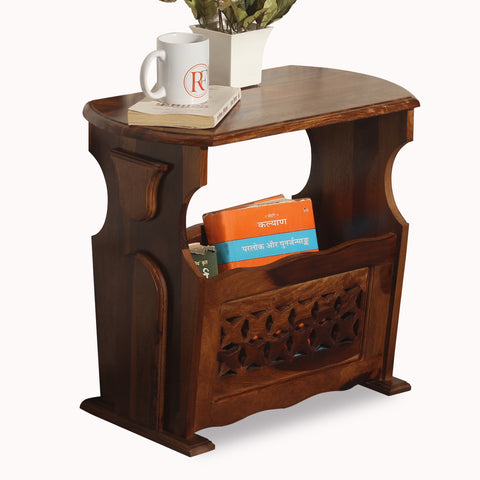 Solid Wood Star Design Magazine Stand cum Side Table in natural Finish - Rajasthali Furniture 