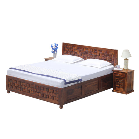 Solid Wood Niwar King Size Double Bed with Legs and Box Storage in Natural Finish With Two Bedside - Rajasthali Furniture 