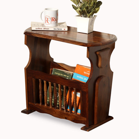 Solid Wood Gule Floor Mounted Magazine Stand cum Side Table in Natural Finish - Rajasthali Furniture 