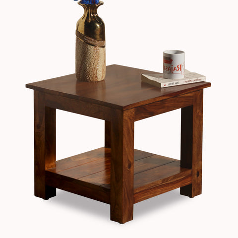 Solid Wood Floor Mounted Plain Top with wooden base Side Table in Natural Finish - Rajasthali Furniture 