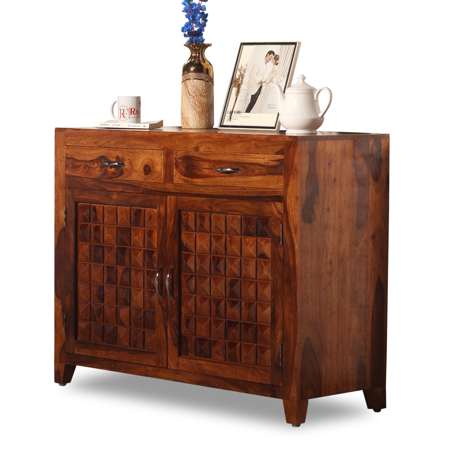 Diamond Solid Wood Two Door And Two Drawer Sideboard in Natural Finish - Rajasthali Furniture 