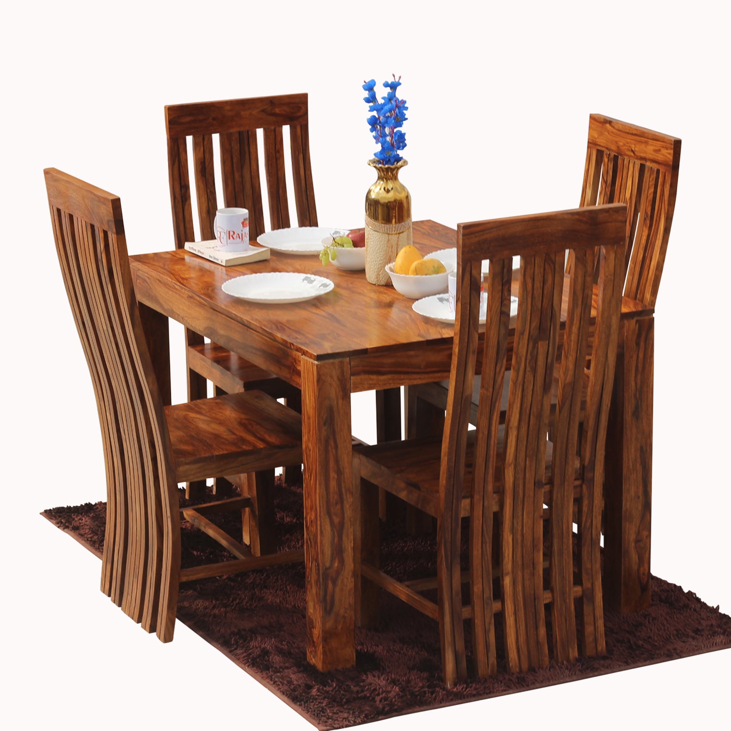 Poppy Solid Sheesham Wood Four Seat Dining table Set in Natural Finish - Rajasthali Furniture 