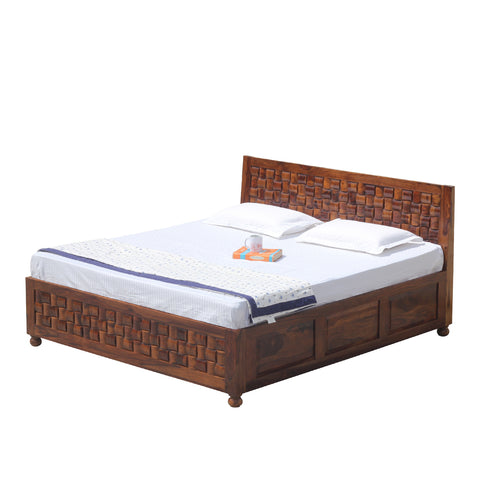 Solid Wood Niwar King Size Double Bed with Legs and Box Storage in Natural Finish - Rajasthali Furniture 