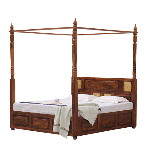 Solid Sheesham Wood King Size Four Poster Bed with Box Storage in Natural Finish - Rajasthali Furniture 