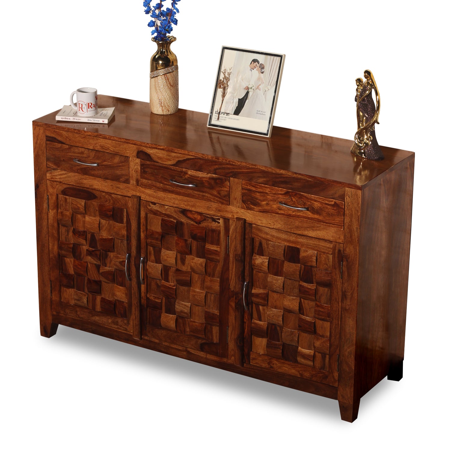 Solid Wood Three Door and Three Drawer Niwar Sideboard in natural Finish - Rajasthali Furniture 