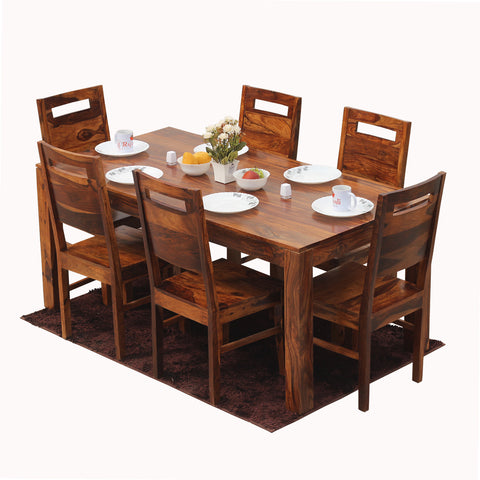 Rosa Solid Sheesham Wood Six Seat Dining Table Set in Natural Finish - Rajasthali Furniture 