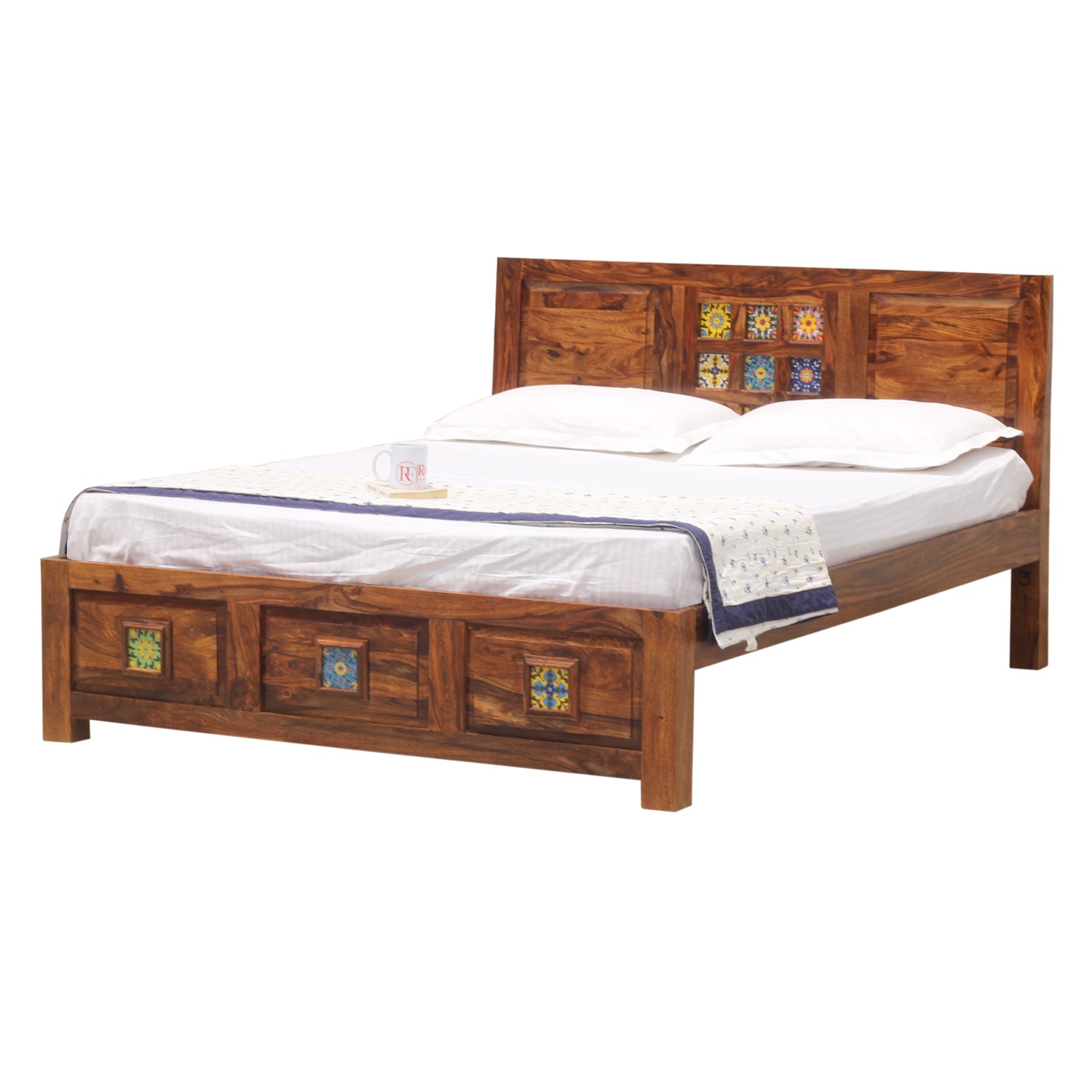 Hinton Solid Wood Double Bed Without Storage in Honey Oak Finish - Rajasthali Furniture 