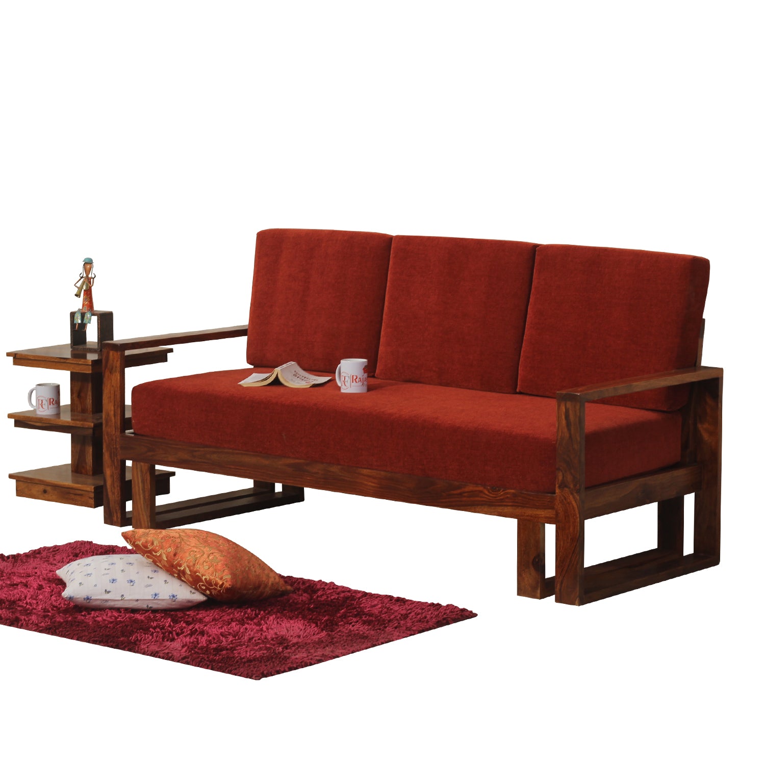 Cucus Double Leg Solid Wood Three Seat Sofa Set In Honey Oak Finished - Rajasthali Furniture 