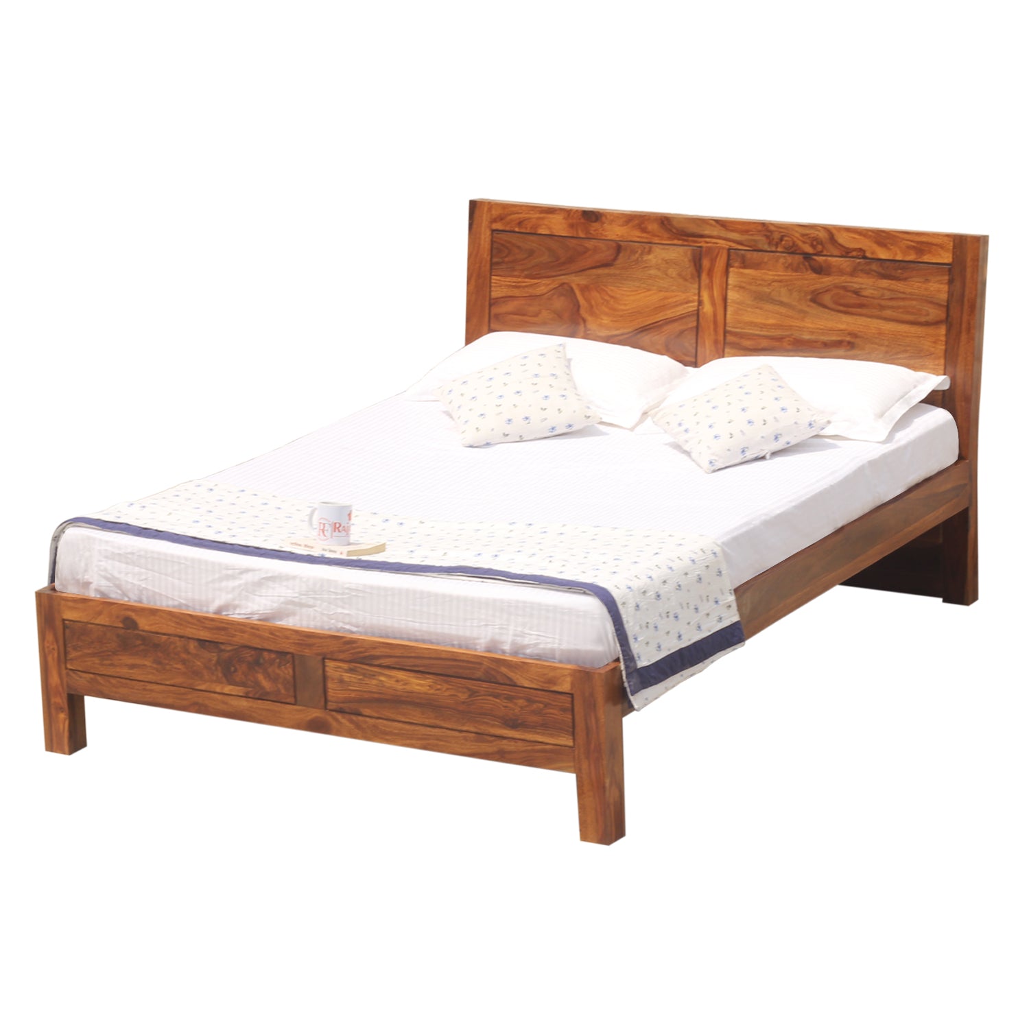 Helios Solid Wood Double Bed Without Storage in Honey Oak Finish - Rajasthali Furniture 