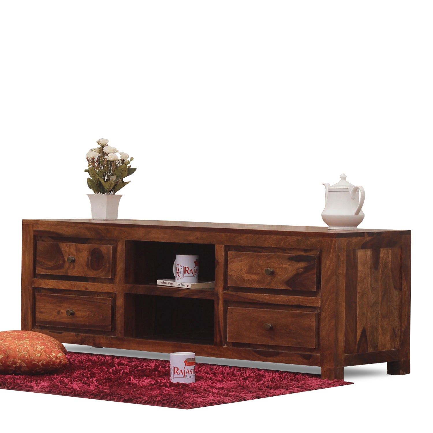 Meloni Four Drawer with One Center Shelf Wooden LCD Cabinet in Honey Oak Finish - Rajasthali Furniture 