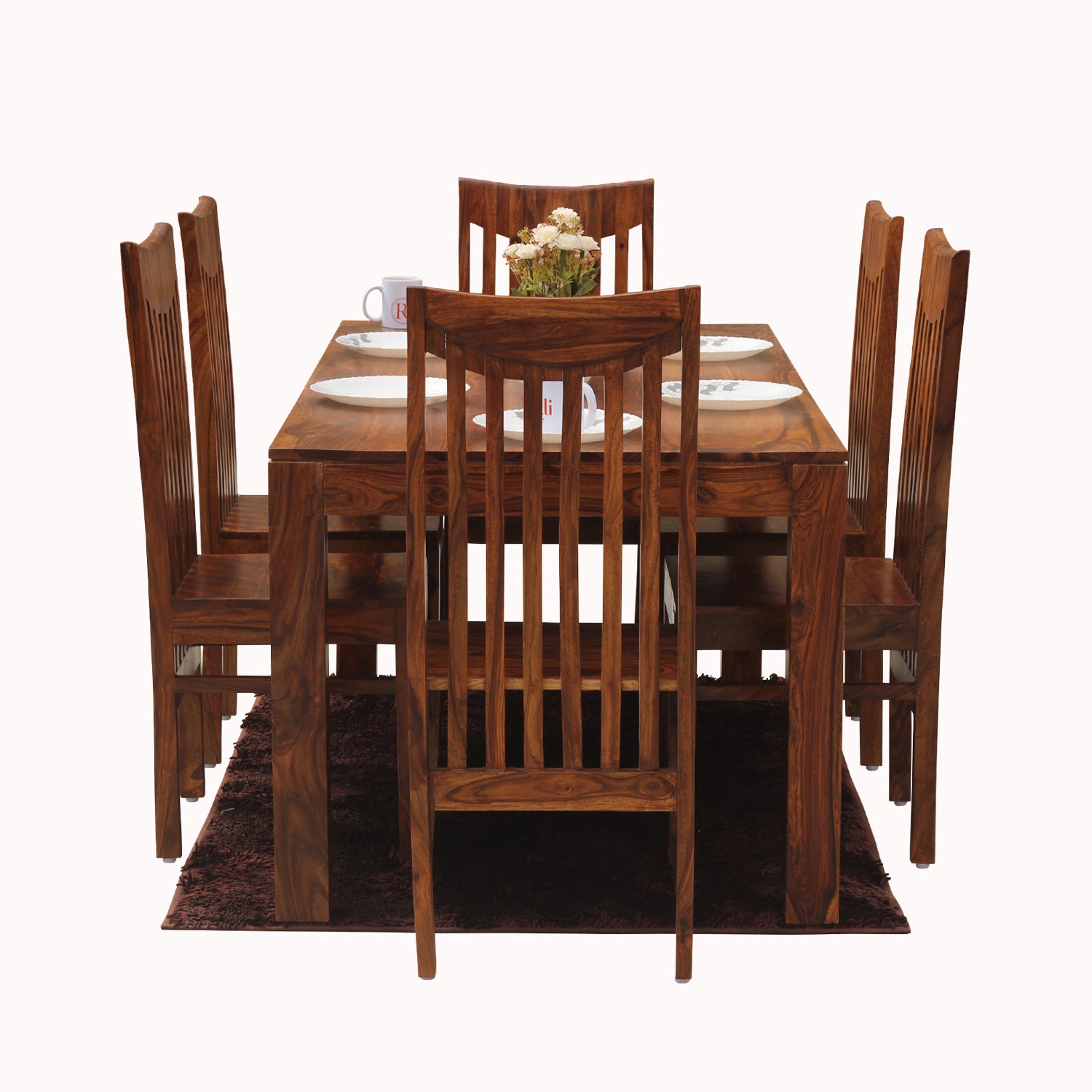 Flora Solid Sheesham Wood Six Seat Dining Table Set in Natural Finish - Rajasthali Furniture 