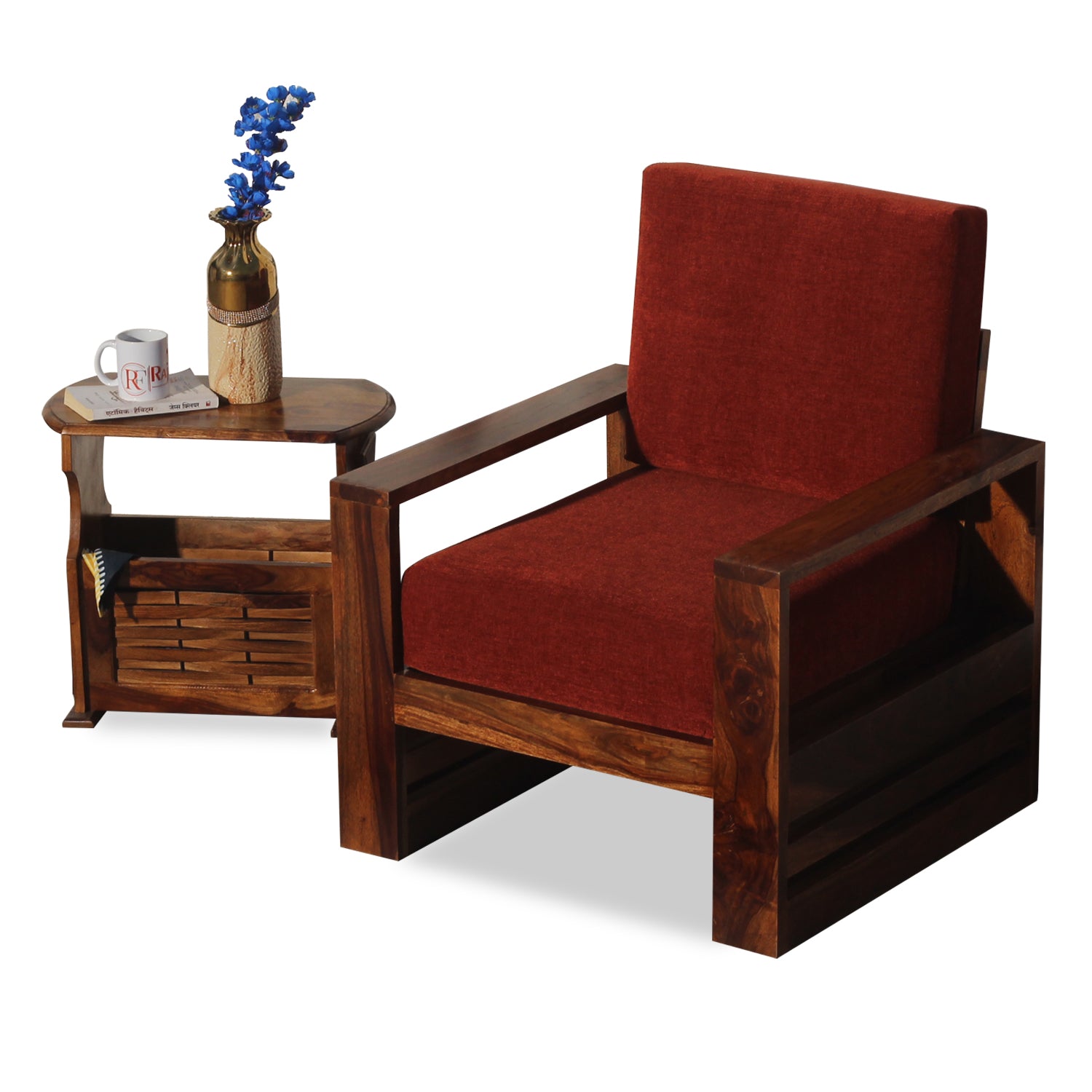 Seam Solid Wood Single Seat Sofa Set In Honey Oak Finished - Rajasthali Furniture 